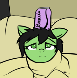 Size: 844x853 | Tagged: safe, artist:neuro, oc, oc only, oc:anon filly, earth pony, pony, bed, blanket, blanket burrito, female, filly, looking at you, pillow, sad, simple background, soda, soda can, wrapped up
