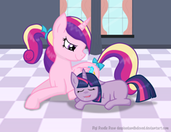 Size: 1000x770 | Tagged: safe, artist:despisedandbeloved, princess cadance, twilight sparkle, alicorn, pony, drool, filly, sleeping