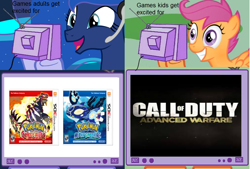 Size: 1127x763 | Tagged: safe, princess luna, scootaloo, alicorn, pony, call of duty, exploitable meme, gamer luna, irony, meme, obligatory pony, pokémon, tv meme