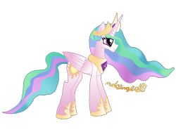 Size: 1024x768 | Tagged: safe, artist:mudslinger077, princess celestia, alicorn, pony, crown, female, horn, mare, multicolored mane, multicolored tail, solo, white coat, white wings, wings