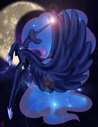 Size: 786x1017 | Tagged: safe, artist:cybiline, princess luna, alicorn, pony, eyes closed, flying, lens flare, moon, night, sky, solo, spread wings, stars