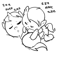 Size: 512x512 | Tagged: safe, artist:lazynore, oc, oc only, oc:anon filly, earth pony, pony, unicorn, baby, baby pony, diaper, eyes closed, female, filly, lineart, onomatopoeia, reeee, sleeping, snuggling, sound effects, zzz