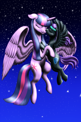 Size: 2000x3000 | Tagged: safe, artist:vasillium, twilight sparkle, twilight sparkle (alicorn), oc, oc:nyx, alicorn, alicorn oc, cutie mark, dancing, daughter, eyes closed, female, flying, headband, high res, hug, kiss on the cheek, kissing, love, mother, mother and child, mother and daughter, night, night sky, parent and child, pen stroke, royalty, sailor moon, sky, spread wings, stars, wings