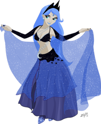 Size: 400x492 | Tagged: safe, artist:zellykat, princess luna, human, bedroom eyes, belly button, belly dancer, belly dancer outfit, cleavage, female, harem outfit, humanized, jewelry, makeup, midriff, nail polish, simple background, solo, tiara