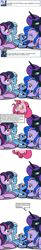 Size: 492x2994 | Tagged: safe, artist:dekomaru, edit, pinkie pie, trixie, twilight sparkle, oc, oc:midnight, oc:nebula, oc:nyx, alicorn, earth pony, pony, unicorn, ask, comic, female, lesbian, shipping, spanish, translation, tumblr, tumblr:ask twixie, twixie