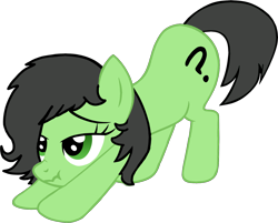 Size: 1716x1378 | Tagged: safe, oc, oc only, oc:anon filly, earth pony, pony, female, filly, iwtcird, meme, question mark, scrunchy face, simple background, stretching, transparent background