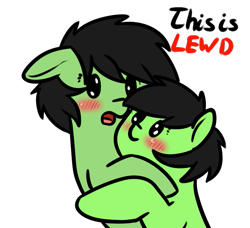 Size: 697x635 | Tagged: safe, artist:neuro, oc, oc only, oc:anon filly, earth pony, pony, blushing, dialogue, female, filly, hug, lewd, looking at each other, open mouth, simple background, transparent background