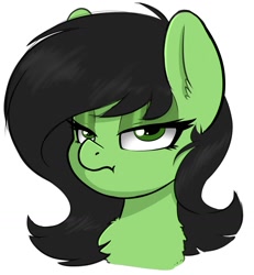 Size: 1401x1519 | Tagged: safe, artist:duop-qoub, oc, oc only, oc:anon, oc:anon filly, earth pony, pony, bust, chest fluff, female, filly, filly anon is not amused, lidded eyes, looking at you, portrait, simple background, solo, unamused, wavy mouth, white background