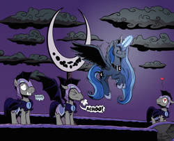 Size: 1024x833 | Tagged: safe, artist:pony-berserker, princess luna, bat pony, pony, cold, echo (bat pony), echo and nocturn, eyes closed, floppy ears, flying, gritted teeth, guardluna, heart, heart eyes, i can't believe it's not idw, ice, magic, night guard, nocturn, smiling, sneezing, snot, snow, spread wings, wide eyes, winter moon celebration, winter solstice