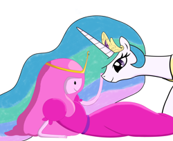 Size: 4398x3586 | Tagged: safe, artist:joemasterpencil, princess celestia, alicorn, pony, adventure time, crossover, princess bubblegum, simple background, white background