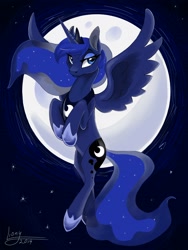 Size: 1920x2560 | Tagged: safe, artist:lionylioness, princess luna, alicorn, pony, bipedal, flying, moon, night, solo, stars