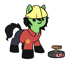 Size: 1151x1081 | Tagged: safe, artist:neuro, oc, oc only, oc:anon filly, earth pony, pony, clothes, cute, engineer, female, filly, hard hat, question mark, roomba, sentry, simple background, team fortress 2, transparent background