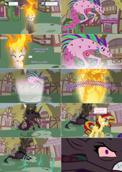 Size: 2564x3616 | Tagged: safe, artist:hakunohamikage, aria blaze, sunset shimmer, oc, oc:nyx, alicorn, pony, siren, angry, ask, ask-princesssparkle, burnt, fiery shimmer, fire, gritted teeth, high res, mane of fire, rapidash shimmer, running, smoke, tumblr