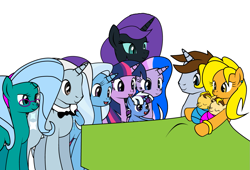 Size: 1175x800 | Tagged: safe, artist:dekomaru, edit, oc, oc:midnight, oc:nebula, oc:nyx, alicorn, pony, unicorn, ask, baby, baby pony, magical lesbian spawn, offspring, parent:trixie, parent:twilight sparkle, parents:twixie, tumblr, tumblr:ask twixie