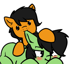 Size: 980x857 | Tagged: safe, artist:neuro, oc, oc only, oc:anon filly, earth pony, pony, /mlpol/, blushing, duo, duo female, ear bite, female, filly, food, lying down, orange, scrunchy face, simple background, transparent background