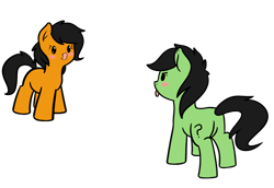 Size: 1842x1264 | Tagged: safe, artist:neuro, oc, oc only, oc:anon filly, earth pony, pony, /mlpol/, blushing, duo, duo female, female, filly, food, looking at each other, mlem, orange, question mark, silly, simple background, tongue out, transparent background