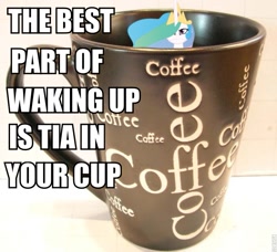 Size: 801x729 | Tagged: safe, edit, princess celestia, alicorn, pony, caption, coffee, coffee mug, cup, pun