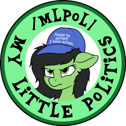 Size: 1200x1200 | Tagged: safe, artist:anonymous, artist:smoldix, edit, oc, oc:anon filly, pony, /mlpol/, autism, female, filly, hat, insignia, logo, meme, please be patient i have autism, scrunchy face, unhappy