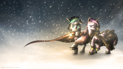 Size: 1920x1080 | Tagged: safe, artist:fongsaunder, princess cadance, shining armor, alicorn, pony, unicorn, lantern, night, snow, snowfall, winter