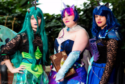 Size: 2048x1365 | Tagged: safe, artist:envy cosplay, artist:flying-fox, artist:frauleinninja, nightmare moon, princess luna, queen chrysalis, twilight sparkle, twilight sparkle (alicorn), alicorn, human, 2014, clothes, convention, cosplay, dress, gala dress, irl, irl human, katsucon, photo