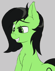 Size: 284x367 | Tagged: artist needed, safe, oc, oc only, oc:anon filly, earth pony, pony, chest fluff, ear fluff, female, filly, gray background, raised eyebrow, simple background, smiling, teeth