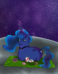 Size: 2405x3045 | Tagged: safe, artist:blacky-moon, princess luna, alicorn, pony, :3, chubbie, controller, donut, gamer luna, magic, moon, prone, pusheen, smiling, soda, solo, telekinesis