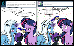 Size: 1002x620 | Tagged: safe, artist:dekomaru, edit, trixie, twilight sparkle, oc, oc:nyx, alicorn, pony, unicorn, ask, comic, female, lesbian, shipping, tumblr, tumblr:ask twixie, twixie