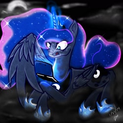 Size: 1800x1800 | Tagged: safe, artist:hairezz, princess luna, alicorn, pony, 3ds, :p, :t, fog, gamer luna, glare, magic, prone, solo, telekinesis, tongue out, wide eyes, wing hands