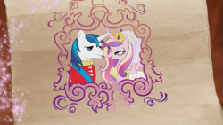Size: 853x480 | Tagged: safe, screencap, princess cadance, shining armor, alicorn, pony, unicorn, commercial, lidded eyes, official, youtube link