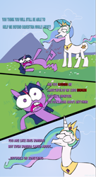 Size: 660x1211 | Tagged: dead source, safe, artist:hydoyezen, king sombra, princess celestia, twilight sparkle, alicorn, pony, unicorn, broken leg, comic, dialogue, injured, parody, pilot (rick and morty), rick and morty, sad