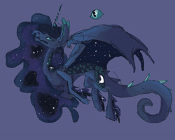 Size: 2500x2000 | Tagged: safe, artist:weepysheep, princess luna, dragon, alternate universe, dragoness, dragonified, ethereal mane, female, flying, lunadragon, purple background, simple background, solo, species swap, spread wings, starry mane, starry wings, unshorn fetlocks