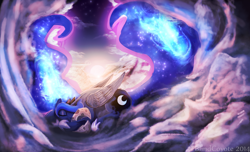 Size: 2000x1214 | Tagged: safe, artist:blindcoyote, princess luna, alicorn, pony, cloud, cloudy, lying, moon, pillow, sleeping, solo, sun