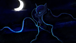 Size: 1920x1080 | Tagged: safe, artist:hierozaki, princess luna, alicorn, pony, eyes closed, moon, night, solo