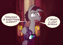Size: 800x576 | Tagged: safe, artist:herny, princess luna, oc, oc only, oc:kevin the nightguard, human, animated, comic, dialogue, door, humanized, luna-afterdark, open mouth, single panel, solo, species swap