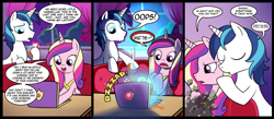 Size: 1500x656 | Tagged: safe, artist:madmax, princess cadance, shining armor, alicorn, pony, unicorn, comic, computer, laptop computer, porn stash