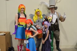 Size: 2048x1362 | Tagged: artist needed, safe, artist:the whovian family, derpy hooves, discord, princess luna, rainbow dash, human, 2014, clothes, convention, cosplay, gloves, hat, irl, irl human, katsucon, katsucon 2014, photo, target demographic, top hat