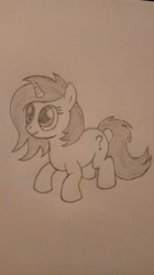 Size: 584x1040 | Tagged: safe, artist:eatcarbs, oc, oc only, oc:anon filly, pony, unicorn, female, filly, question mark, sketch, smiling, traditional art