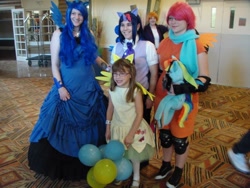 Size: 960x720 | Tagged: safe, artist:awasteofgoodwine, fluttershy, princess luna, scootaloo, twilight sparkle, human, 2013, a taste of animethon, animethon, balloon, convention, cosplay, irl, irl human, knee pads, photo, target demographic