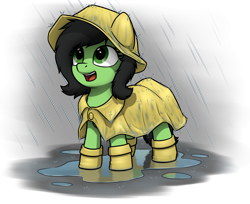 Size: 4000x3269 | Tagged: safe, artist:smoldix, oc, oc only, oc:anon filly, pony, adoranon, cute, female, filly, galoshes, happy, ocbetes, open mouth, puddle, rain, raincoat, simple background, solo, transparent background, wellies