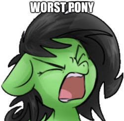 Size: 500x487 | Tagged: safe, artist:naked drawfag, edit, oc, oc:anon filly, pony, cropped, crying, female, filly, op is trying to start shit, simple background, solo, text edit, worst pony