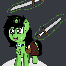 Size: 1440x1440 | Tagged: safe, artist:scotch, oc, oc:anon filly, pony, unicorn, bow, clothes, cute, female, filly, freckles, glowing horn, heart eyes, horn, kilt, magic, saddle bag, skirt, sword, telekinesis, weapon, wingding eyes