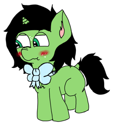 Size: 1440x1440 | Tagged: safe, artist:scotch, oc, oc:anon filly, pony, unicorn, blushing, bow, cute, female, filly, scrunchy face, simple background, white background