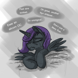 Size: 600x600 | Tagged: safe, artist:bigrigs, oc, oc only, oc:nyx, alicorn, pony, fanfic:past sins, abuse, alicorn oc, crying, drama, female, filly, mary sue, nyxabuse, simple background, solo, text