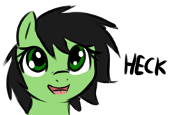 Size: 372x247 | Tagged: safe, artist:neuro, oc, oc only, oc:anon filly, earth pony, pony, bust, female, filly, heck, looking up, open mouth, simple background, smiling, transparent background