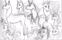 Size: 5090x3324 | Tagged: safe, artist:ackryllis, princess celestia, princess luna, twilight sparkle, twilight sparkle (alicorn), alicorn, pony, female, hoers, mare, monochrome, traditional art