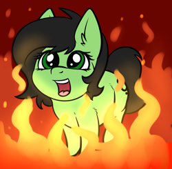 Size: 1140x1115 | Tagged: safe, artist:duop-qoub, artist:smoldix, edit, oc, oc only, oc:anon filly, earth pony, pony, ear fluff, female, filly, fire, irrational exuberance, looking up, open mouth, simple background, smiling