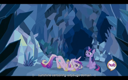 Size: 960x600 | Tagged: safe, screencap, princess cadance, twilight sparkle, alicorn, pony, a canterlot wedding, face down ass up, sunshine sunshine, youtube caption