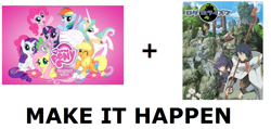 Size: 1220x580 | Tagged: safe, applejack, fluttershy, pinkie pie, princess celestia, rainbow dash, rarity, spike, twilight sparkle, alicorn, dragon, earth pony, pegasus, pony, unicorn, anime, exploitable meme, log horizon, make it happen, mane six, meme