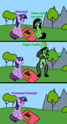 Size: 654x1200 | Tagged: safe, artist:anonymous, twilight sparkle, twilight sparkle (alicorn), oc, oc:anon, oc:anon filly, alicorn, pony, comic, dialogue, female, filly, picnic, the grim adventures of billy and mandy