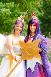 Size: 640x960 | Tagged: safe, artist:kittenclaw, princess celestia, twilight sparkle, human, cosplay, irl, irl human, photo